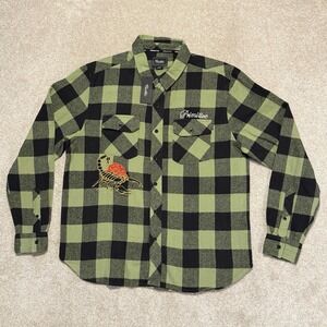 Primitive Shirt Mens Large Green Black Plaid Flannel Scorpion Embroidered Skater